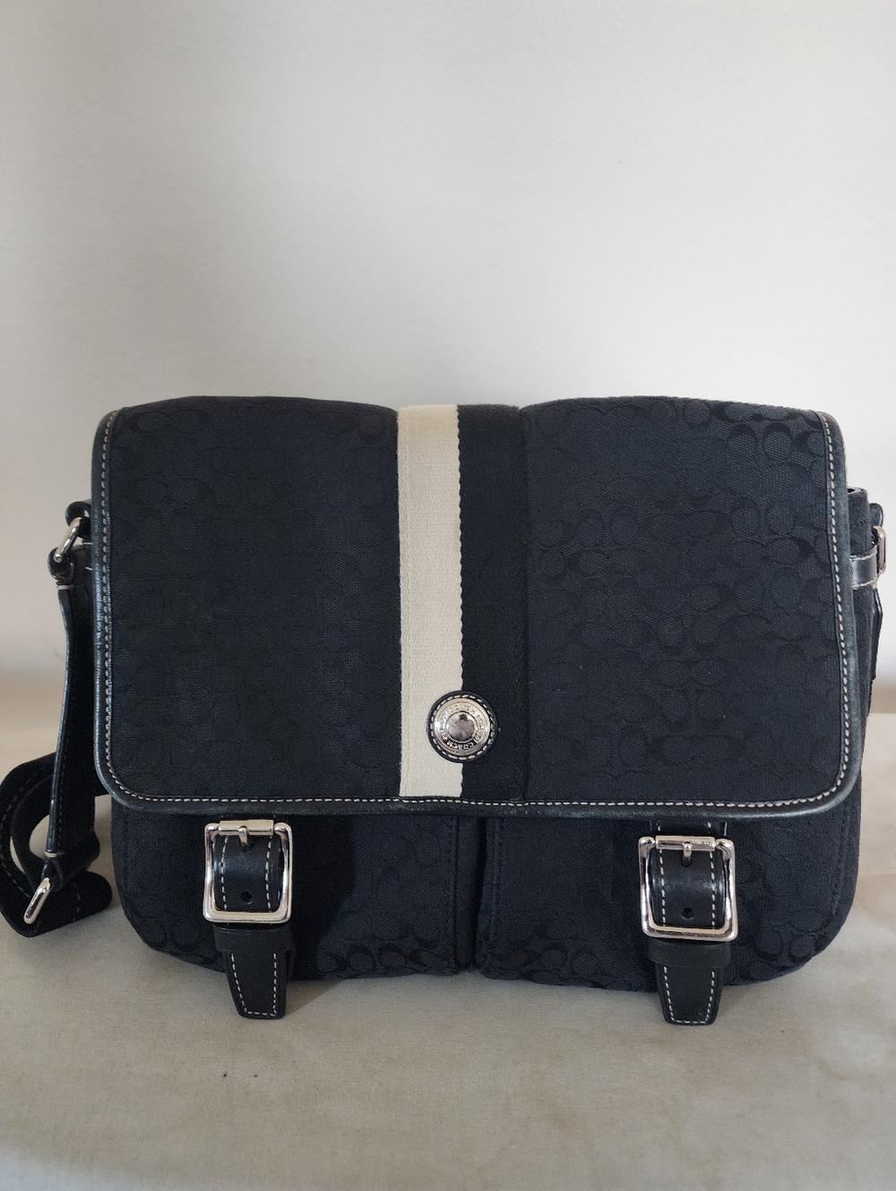 Coach Black Messenger Bag with Ivory Center Stripe